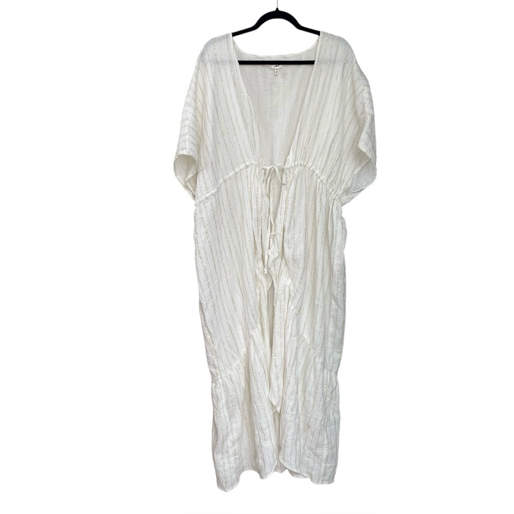 Aerie Open-Front Long Kaftan Swimwear Coverup Gold Pinstripe White XL